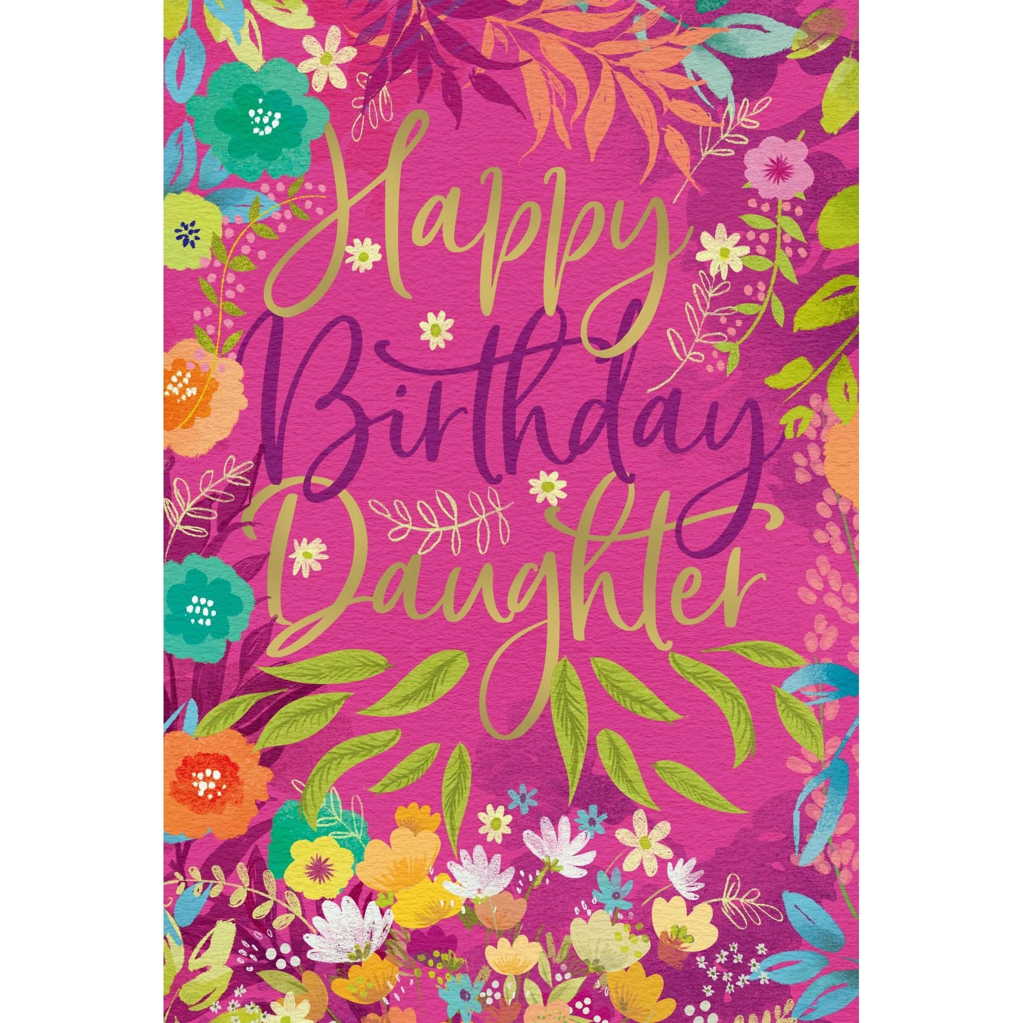 Floral frame birthday card for daughter by Pictura, featuring colorful flower illustrations and elegant lettering.